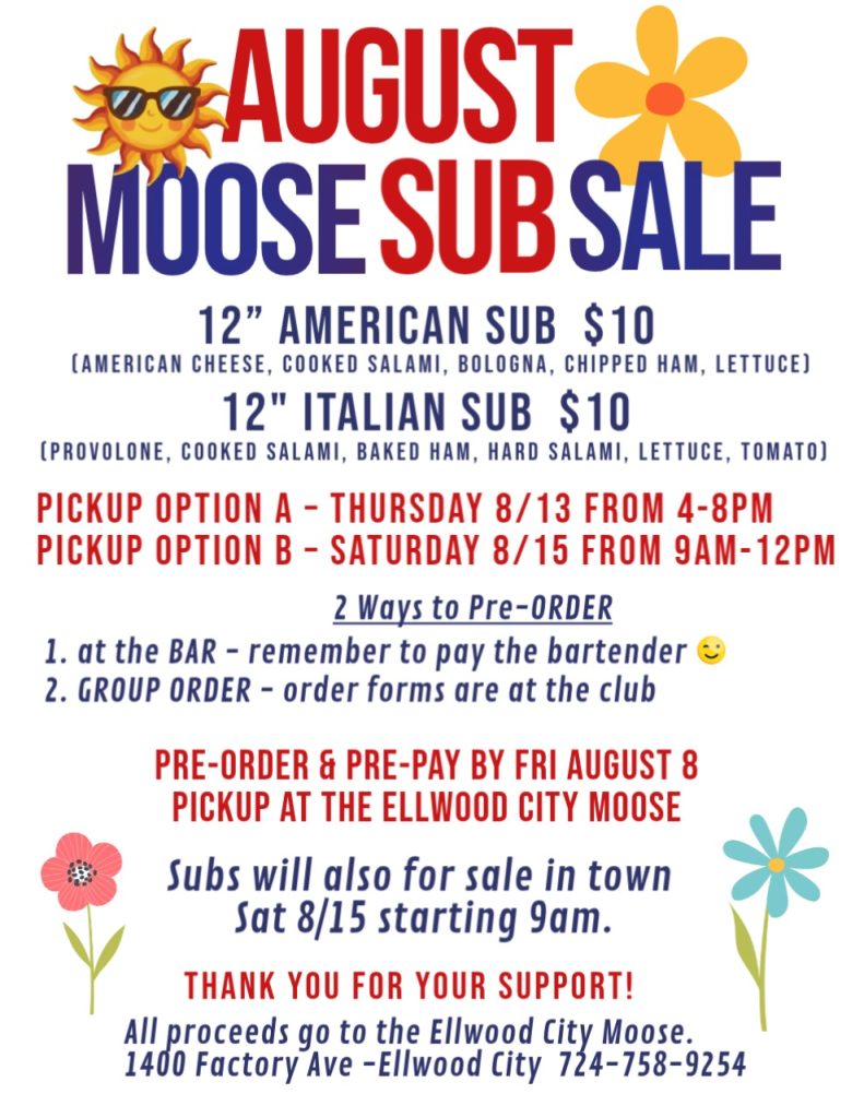 Moose Club Sub Sale @ Ellwood City Moose Club